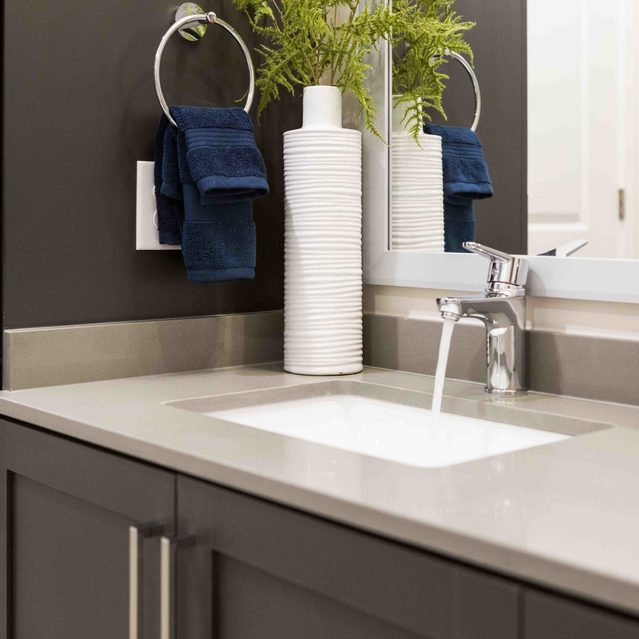 Live 8 West - Bathroom sink with black cabinets